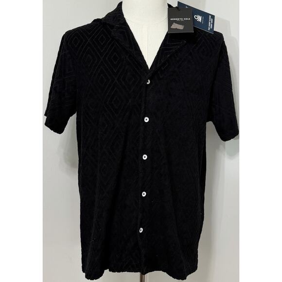 NEW Kenneth Cole Men's Terry Button Up Short Sleeve Shirt Black Resort Beach M - Picture 1 of 2